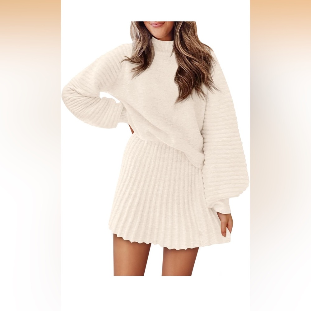 Women's Cream Ribbed Knit Sweater and Mini Skirt Set